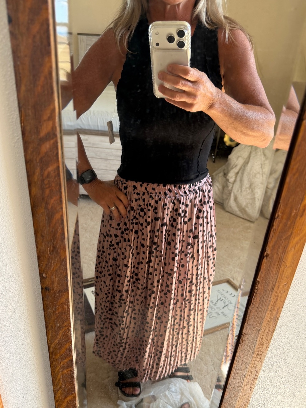 easel Pink Pleated Maxi Skirt with Black Spot Print- Small